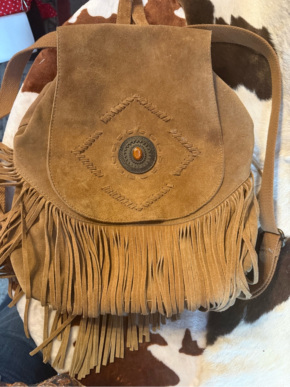 Fringe Suede Backpack in Tan with Concho Detail